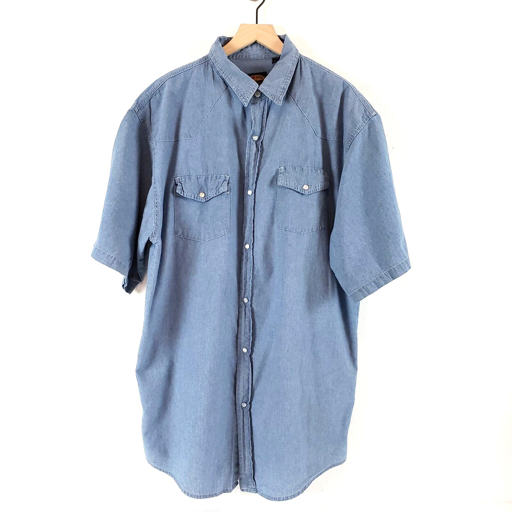 Sandy River Size L Mens Blue Pearl Snap Short Sleeve Western Cowboy Shirt LONG